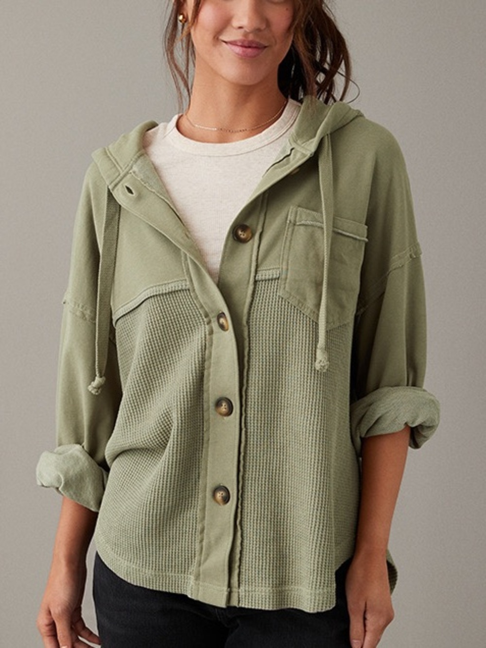 American Eagle Big Hug Waffle Hooded Shacket